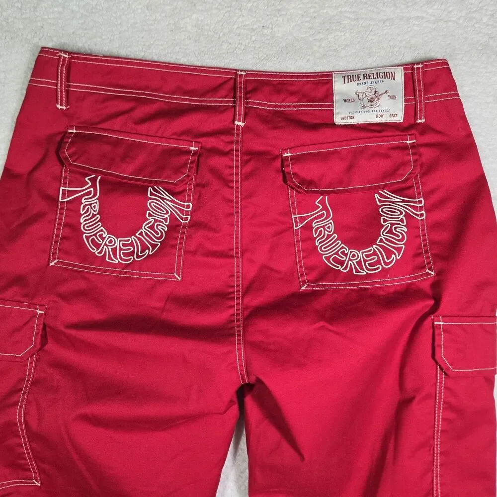 True Religion Mens 38x32 Cargo Pants Red White Stitch Utility Y2K NWOT